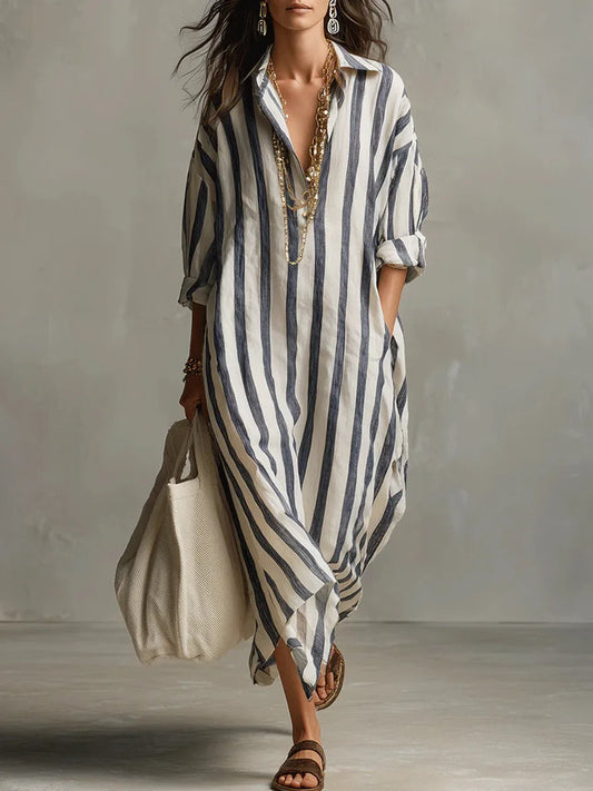 Women's Striped Maxi Shirt Dress | Long Sleeve