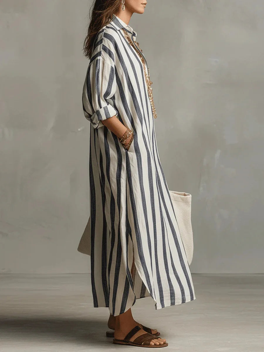 Women's Striped Maxi Shirt Dress | Long Sleeve
