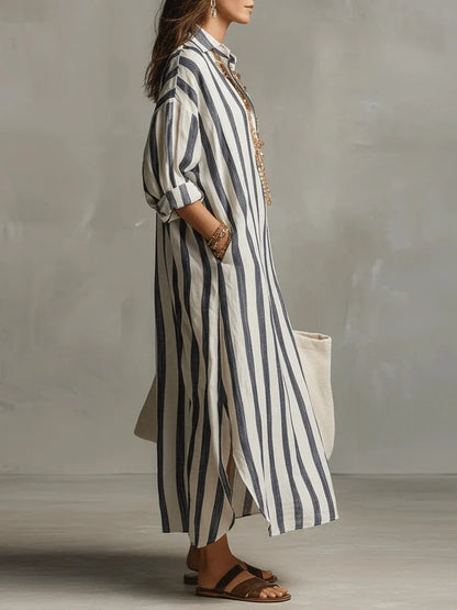 Women's Striped Maxi Shirt Dress | Long Sleeve