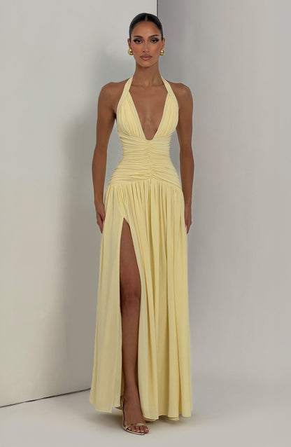 Women's Plunge Halter Neck Maxi Dress | Thigh High Split
