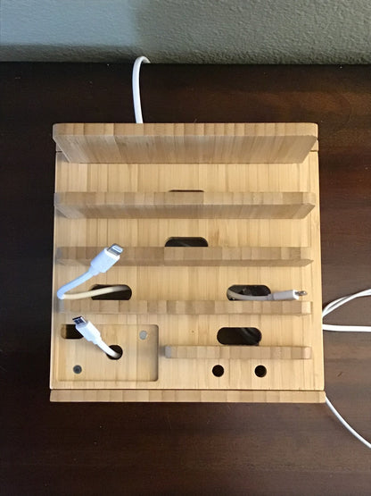 Bamboo Charging Station with 5 USB Ports & Organizer | Compatible with Smartphones, Tablets, and Smartwatches | Includes Cable Set