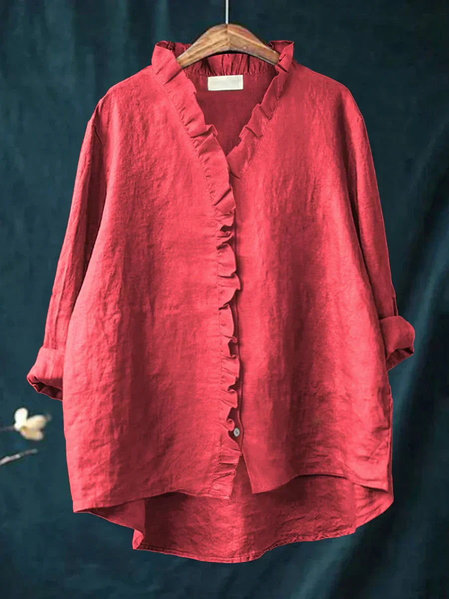 Women's Oversized Ruffle V-Neck Blouse | Long Sleeve