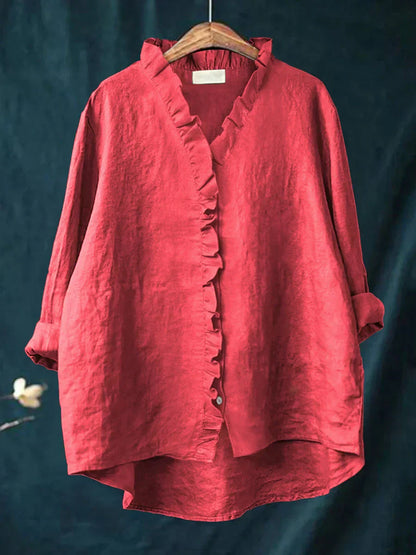 Women's Oversized Ruffle V-Neck Blouse | Long Sleeve