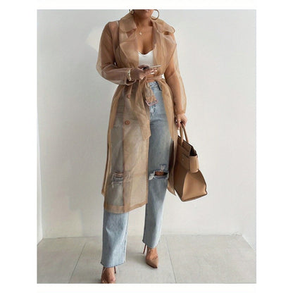 Sheer Long Sleeve Trench Coat with Belt for Women - Diana