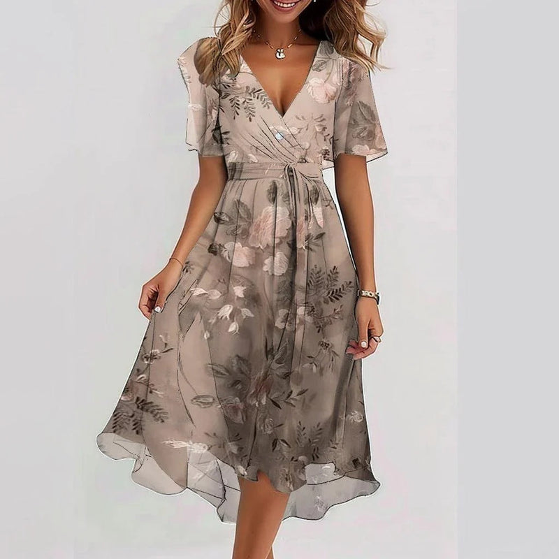 Women's V-Neck Midi Summer Wrap Dress | with Flutter Sleeves
