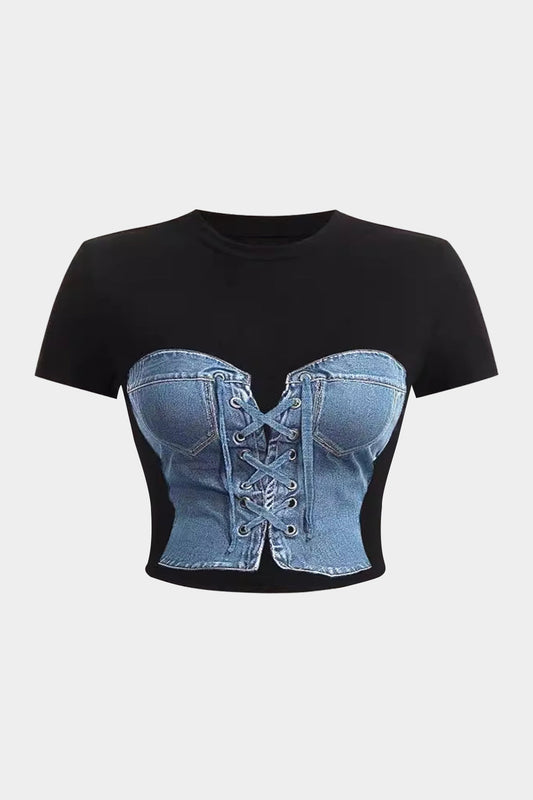 T-shirt à manches courtes en jean noir imprimé vintage 