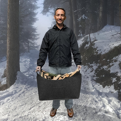 Felt Firewood Basket | Foldable | 55L Capacity | Wooden Handles & Leather Accents | Dark Gray