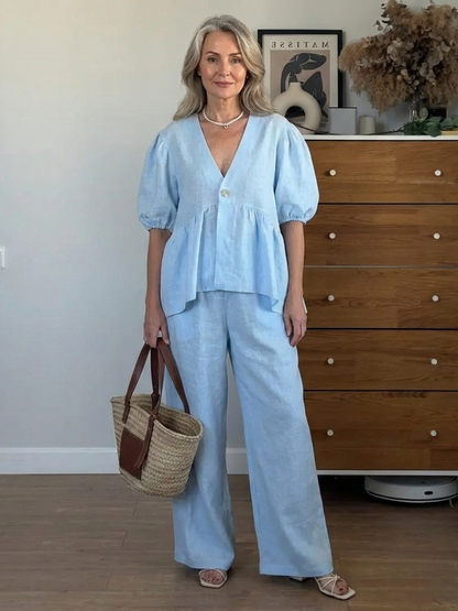 Women's V-Neck Puff Sleeve Blouse and Wide Leg Pants | Two-Piece Set
