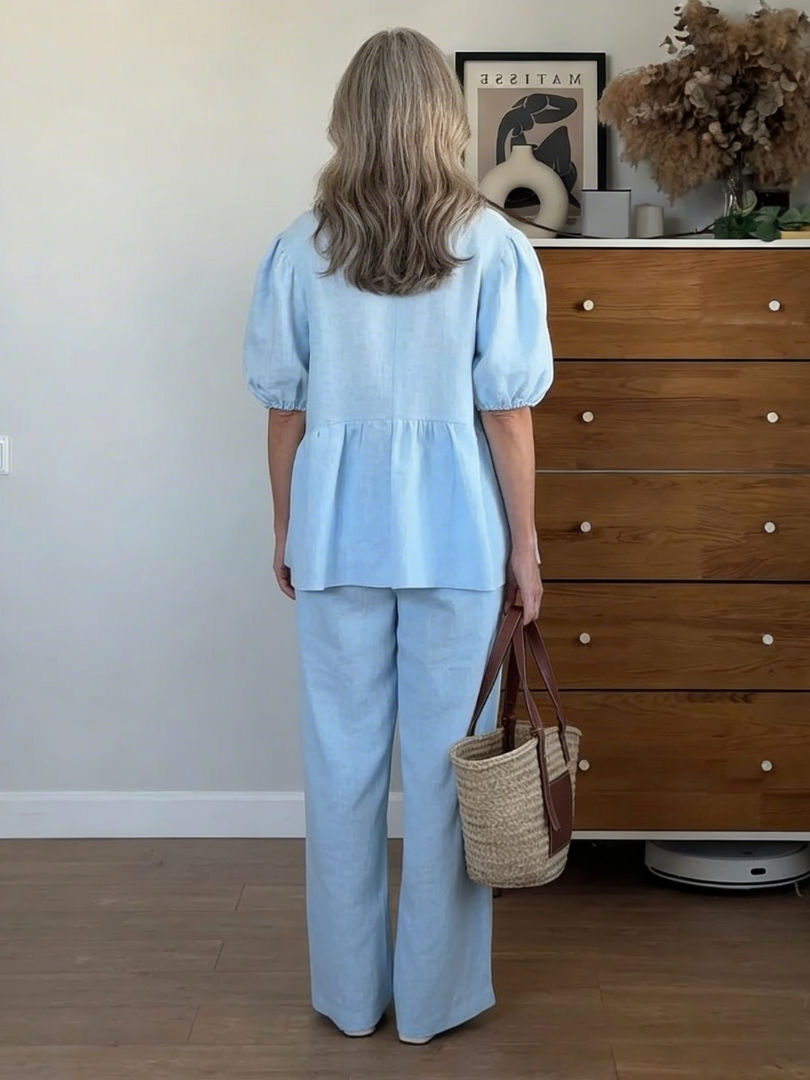 Women's V-Neck Puff Sleeve Blouse and Wide Leg Pants | Two-Piece Set