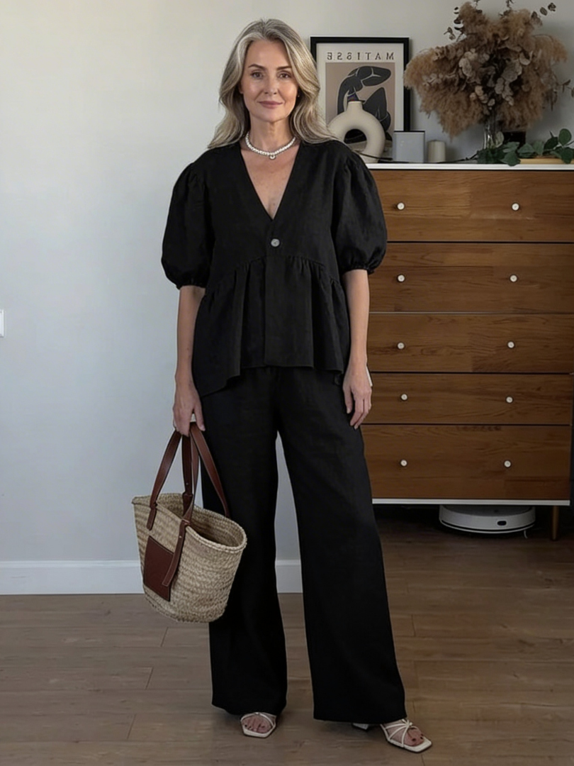 Women's V-Neck Puff Sleeve Blouse and Wide Leg Pants | Two-Piece Set