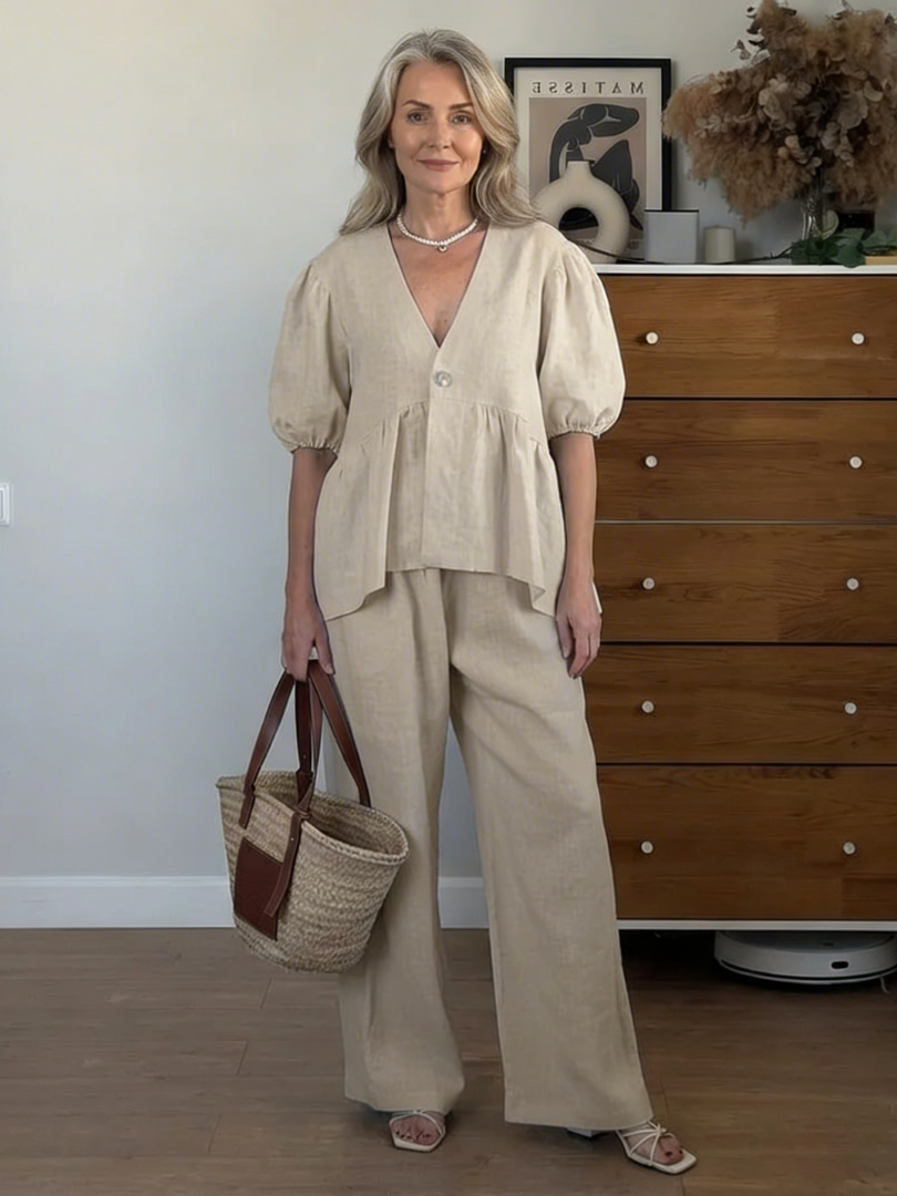 Women's V-Neck Puff Sleeve Blouse and Wide Leg Pants | Two-Piece Set