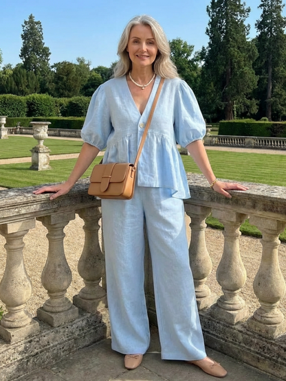 Women's V-Neck Puff Sleeve Blouse and Wide Leg Pants | Two-Piece Set