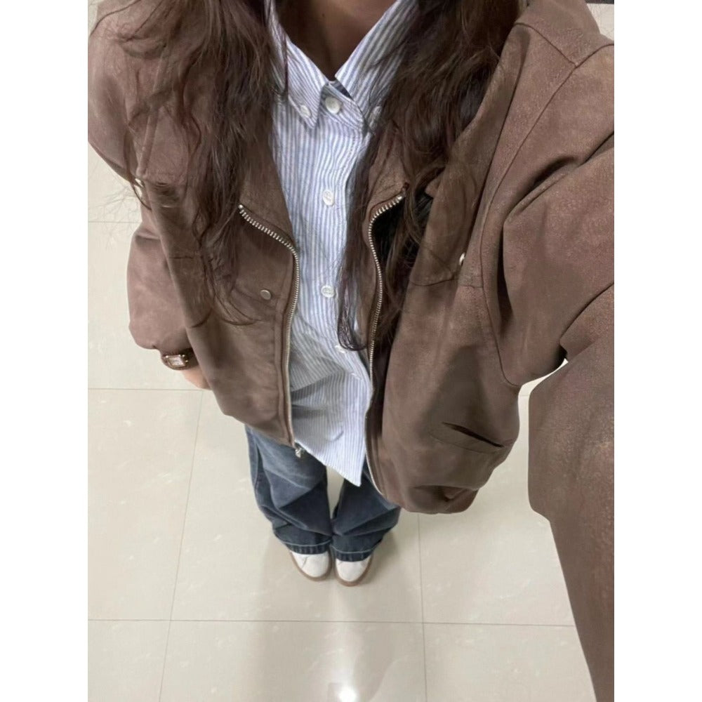Brown Faux Leather Bomber Jacket with Zipper for Women - Elisa