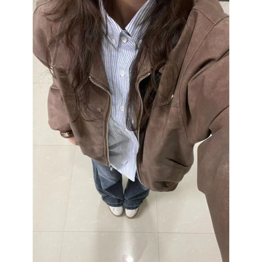 Brown Faux Leather Bomber Jacket with Zipper for Women - Elisa