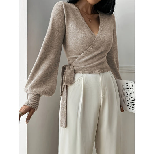 Pull cache-cœur beige à manches longues pour femme - Clara