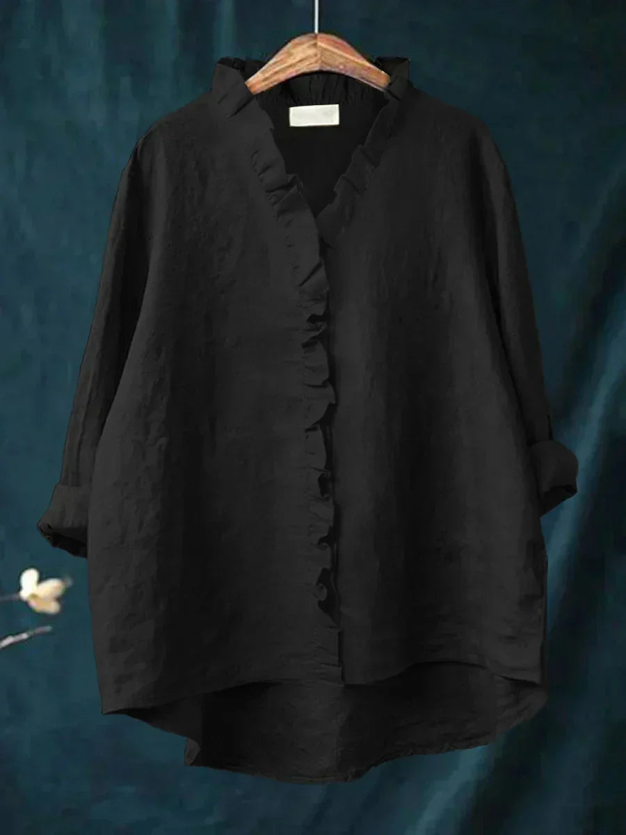 Women's Oversized Ruffle V-Neck Blouse | Long Sleeve