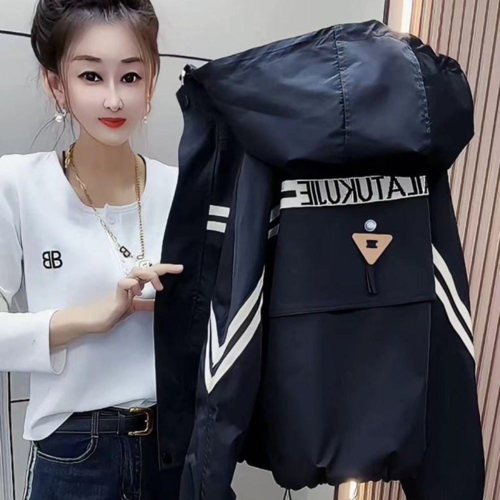 Hooded Windbreaker Jacket with Stripes for Women - Simonetta