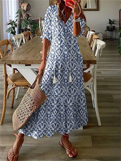 Women's Floral Boho Style Maxi Dress | V-Neck
