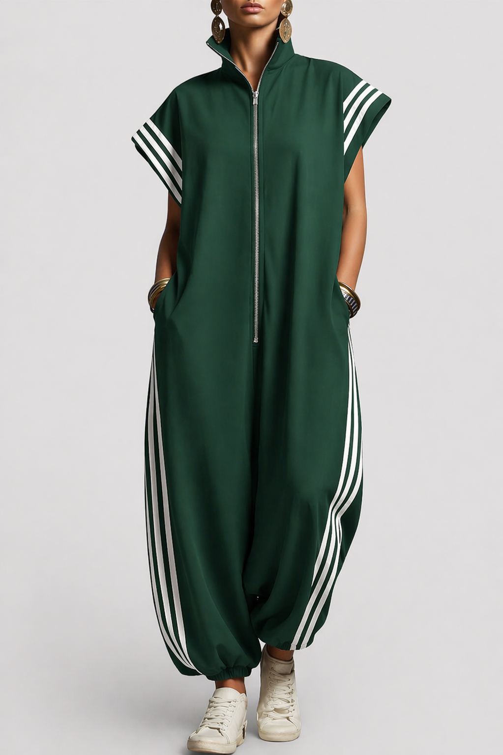 Women's Loose Casual Zip-Front Sporty Jumpsuit | with Contrast Side Stripes