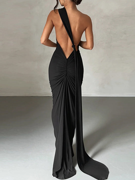 Zwarte vintage backless geplooide slim-fit mouwloze maxi-jurk