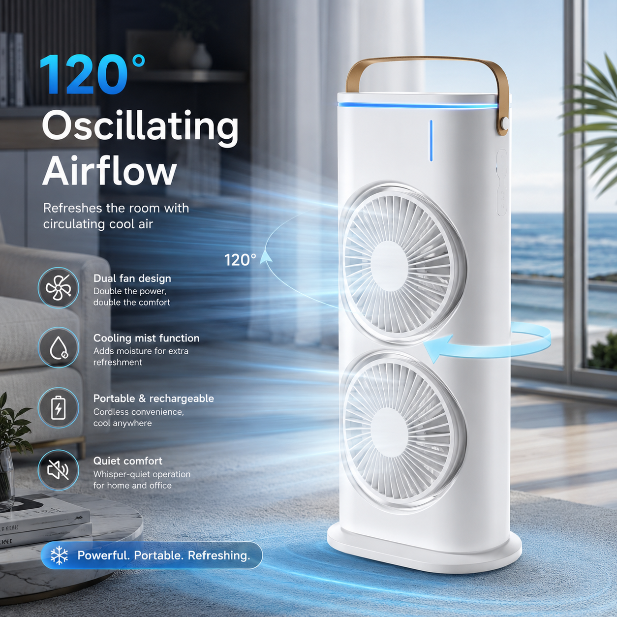 Dual-Head Misting Fan with USB Rechargeable Desk Design and Remote Control