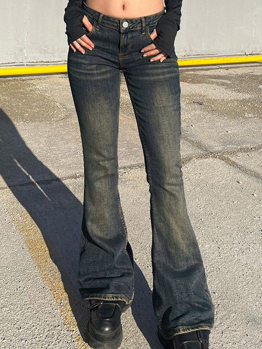 Blauwe Vintage Veelzijdige Low Rise Slimming Flare Jeans