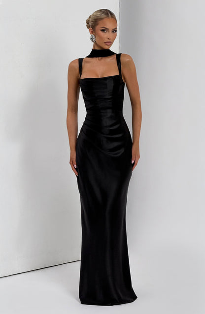 Women's Black Evening Maxi Dress | Square Neck