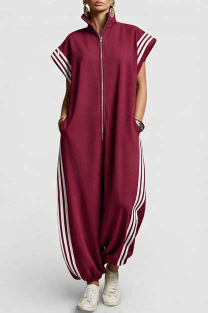 Women's Loose Casual Zip-Front Sporty Jumpsuit | with Contrast Side Stripes