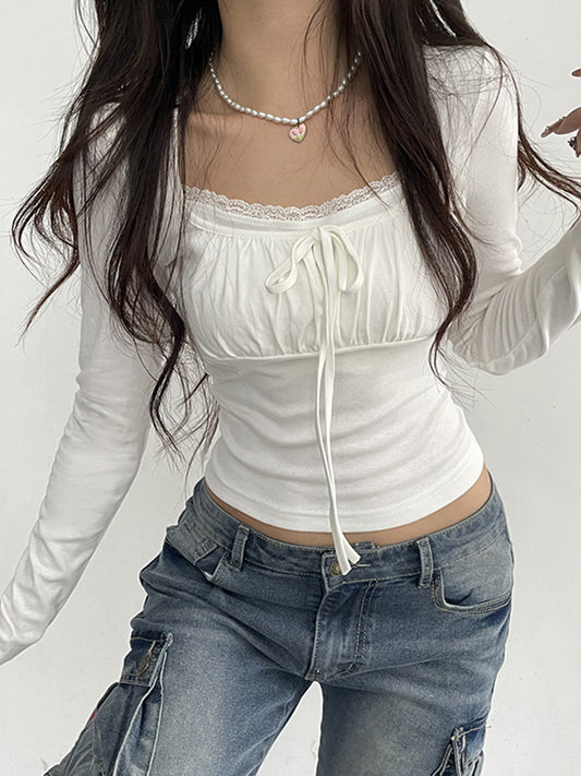 White Vintage Lace Trim Long Sleeve Tee with Tie Up