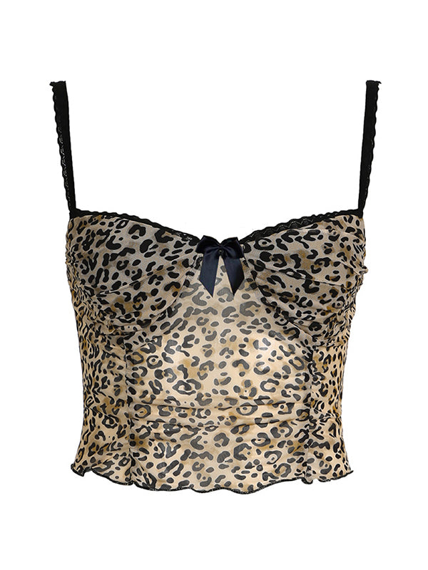 Vintage Bow Lace Splice Cami Top with Leopard Print