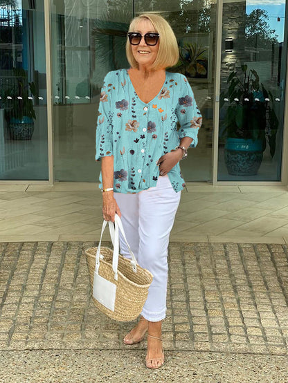 Women's Floral Print Button-Up Blouse | V-Neck