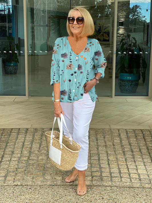 Women's Floral Print Button-Up Blouse | V-Neck
