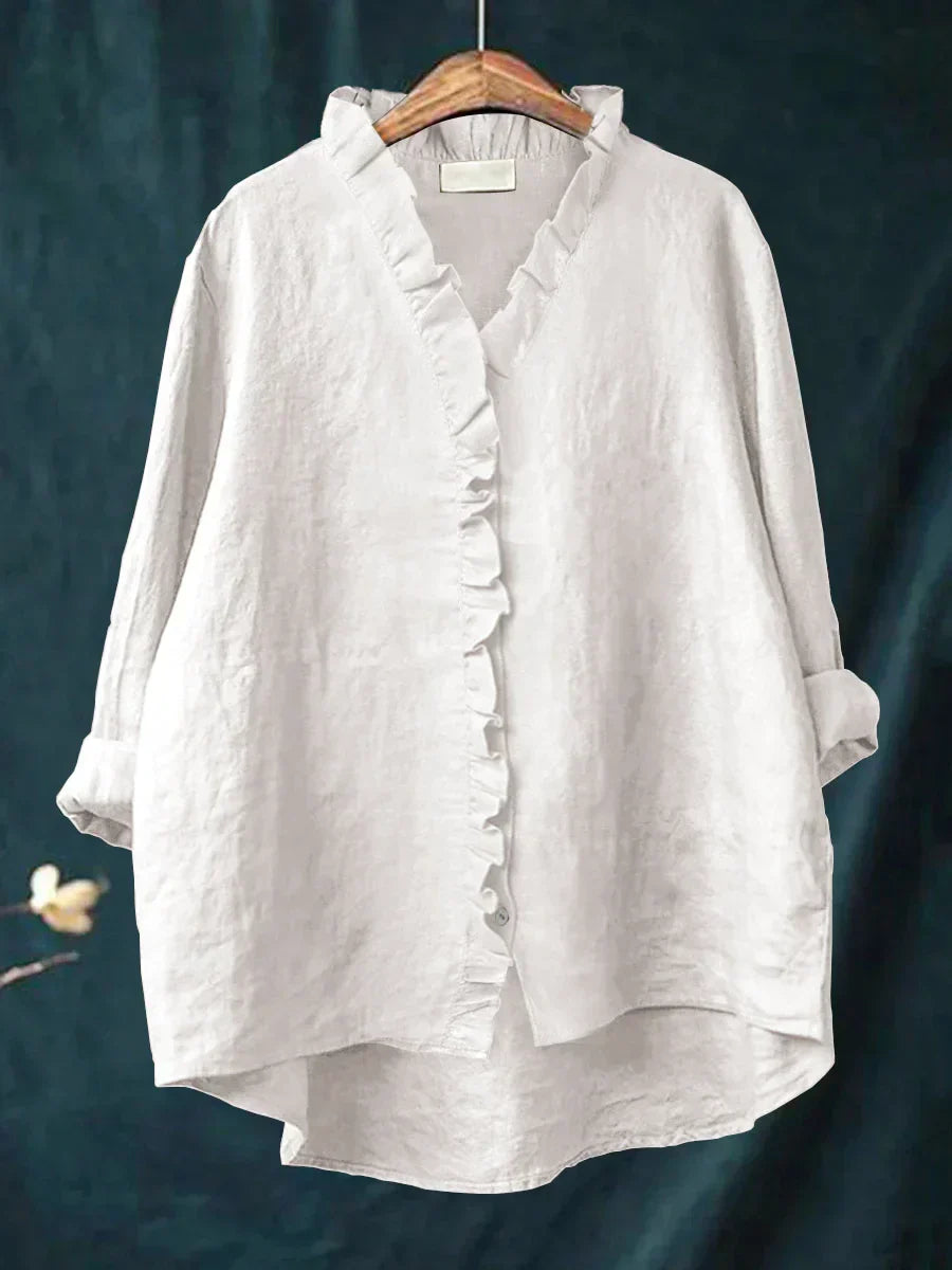 Women's Oversized Ruffle V-Neck Blouse | Long Sleeve
