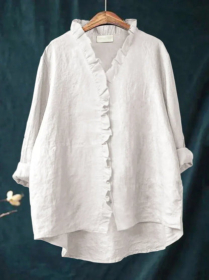 Women's Oversized Ruffle V-Neck Blouse | Long Sleeve