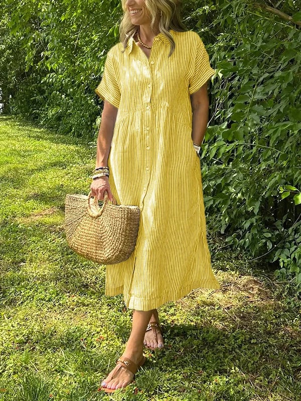 Women’s Striped Summer Midi Shirt Dress | with Pockets