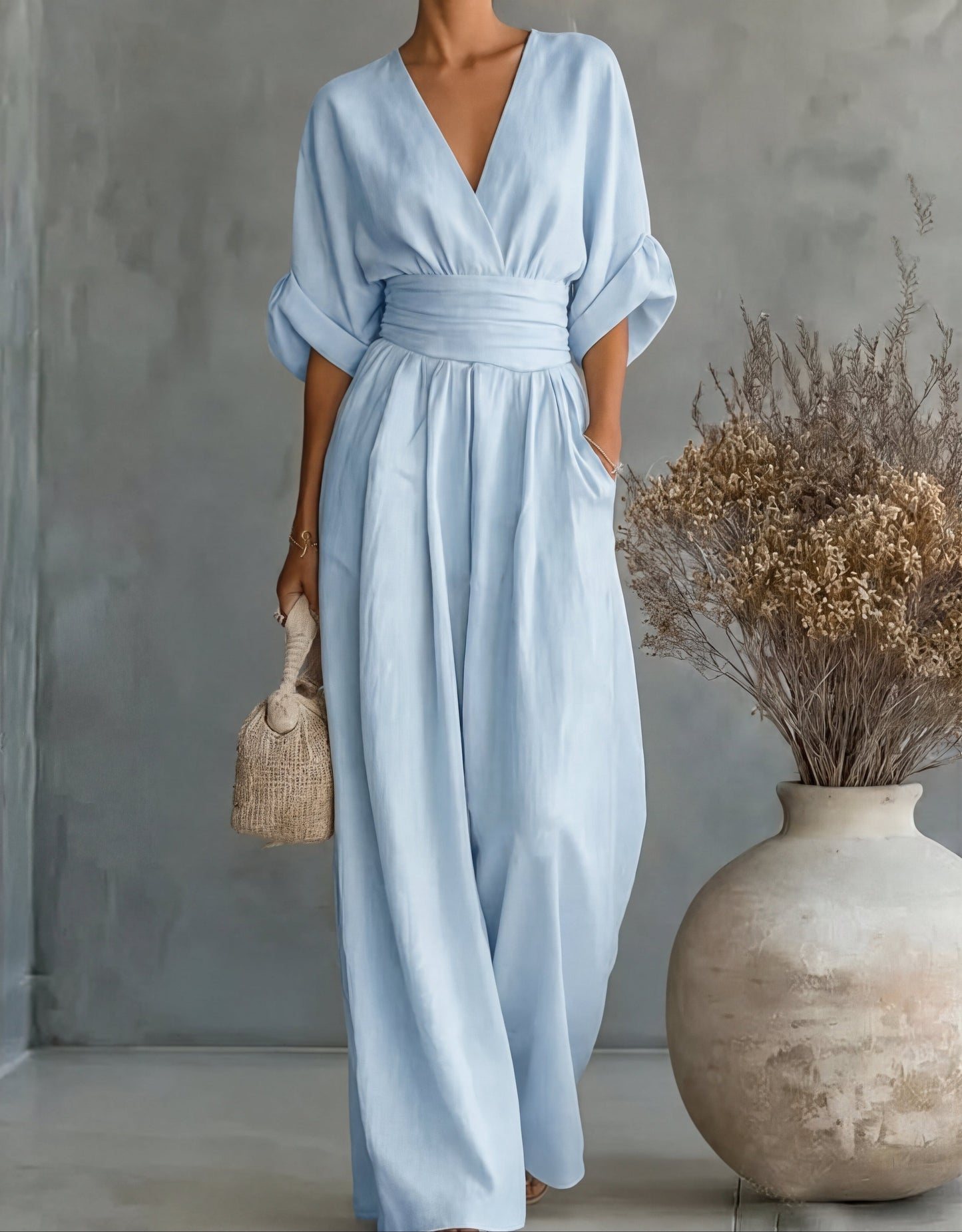 Women's Summer V-Neck Wide-Leg Jumpsuit | with Pockets