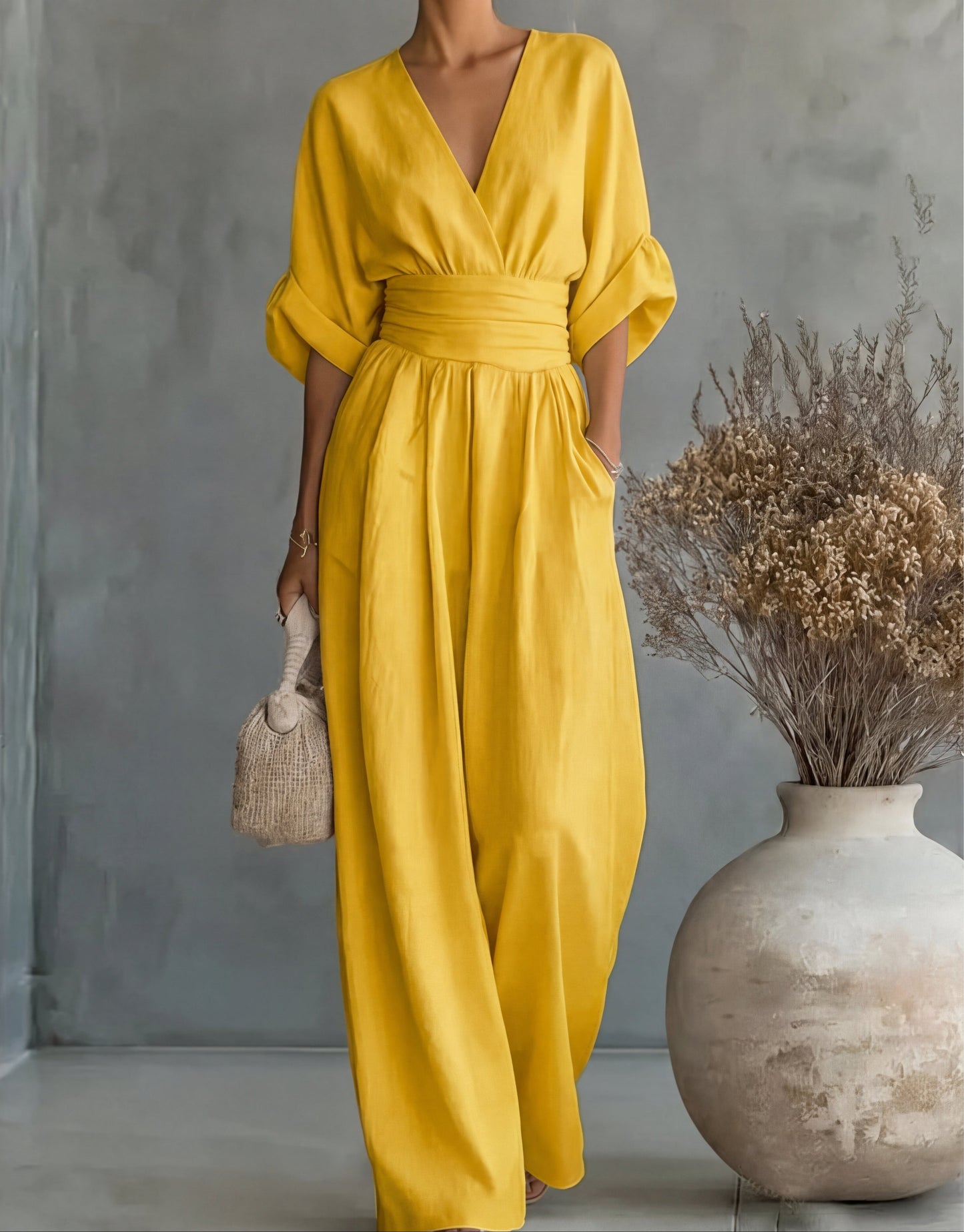 Women's Summer V-Neck Wide-Leg Jumpsuit | with Pockets