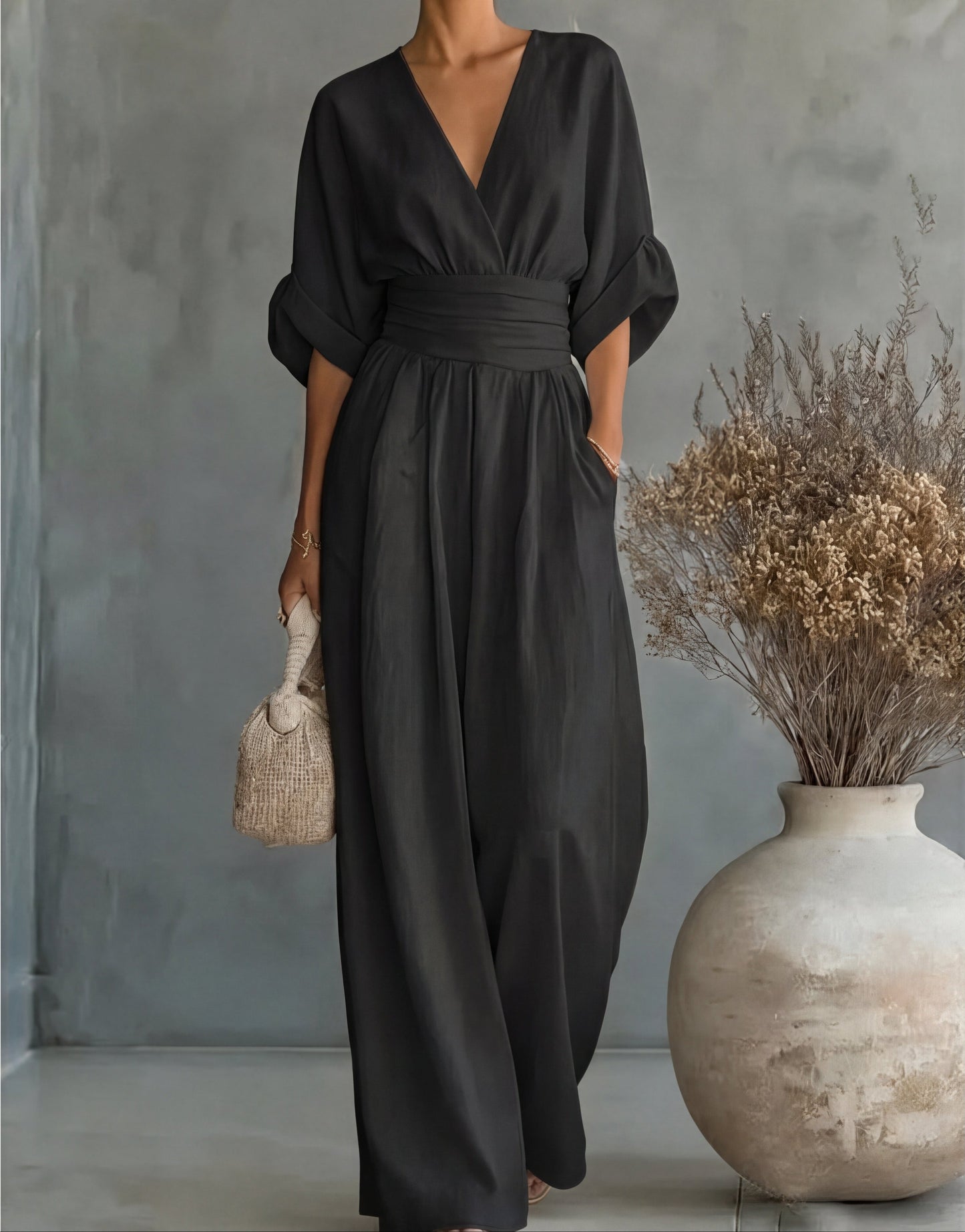 Women's Summer V-Neck Wide-Leg Jumpsuit | with Pockets