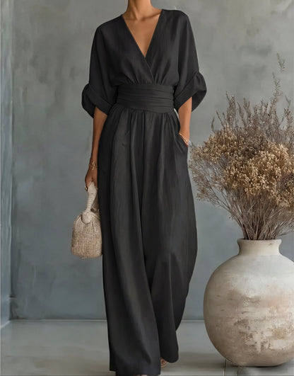 Women's Summer V-Neck Wide-Leg Jumpsuit | with Pockets