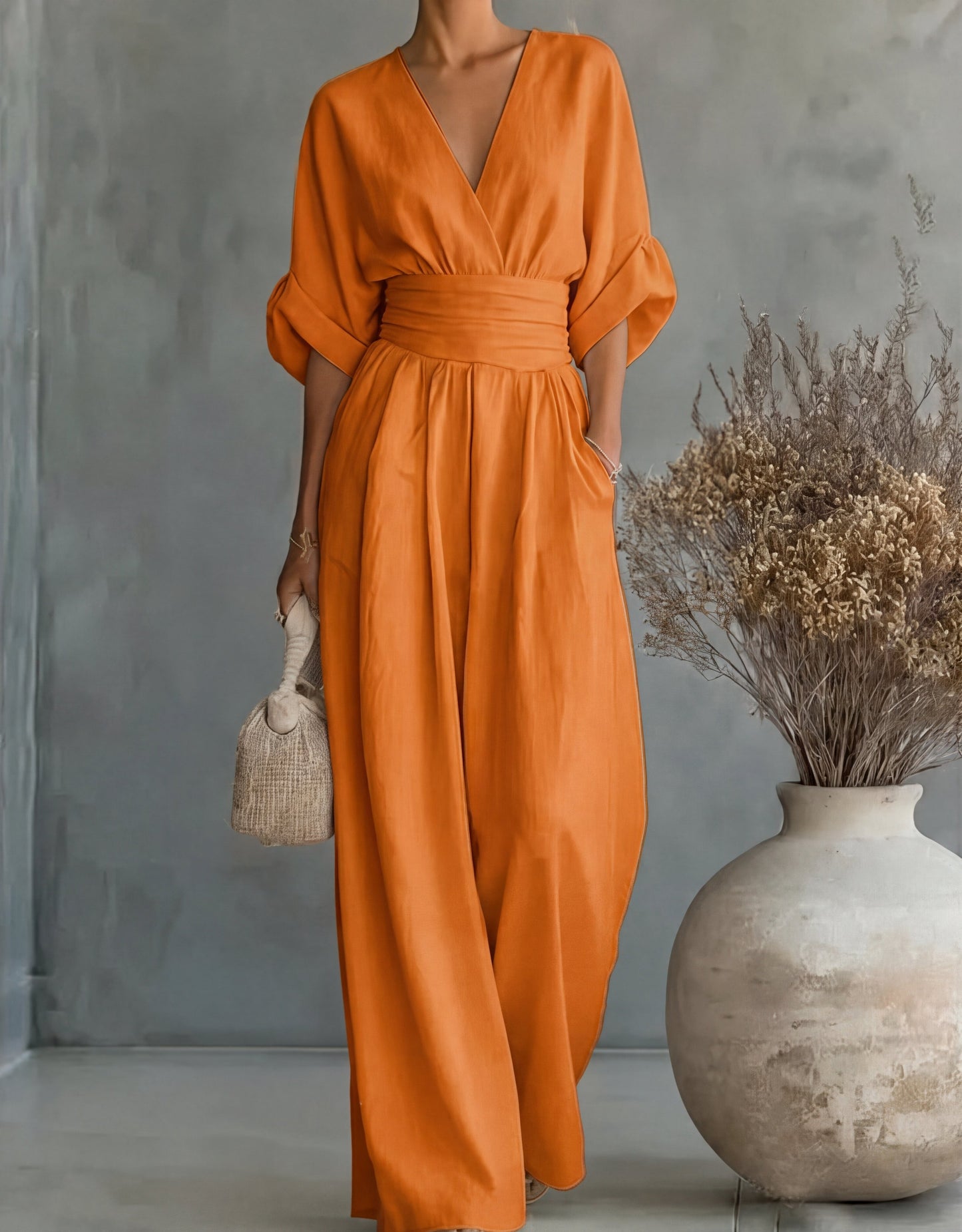 Women's Summer V-Neck Wide-Leg Jumpsuit | with Pockets