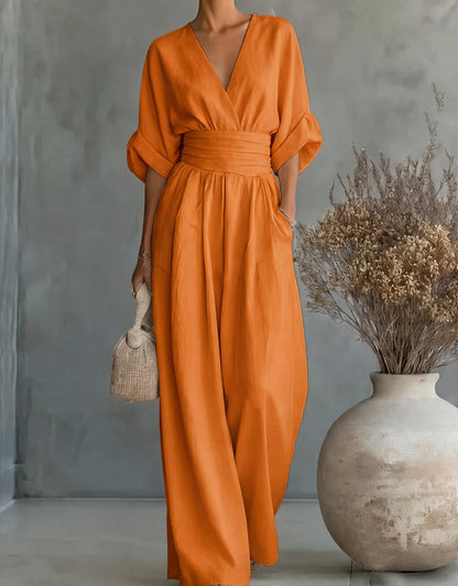 Women's Summer V-Neck Wide-Leg Jumpsuit | with Pockets