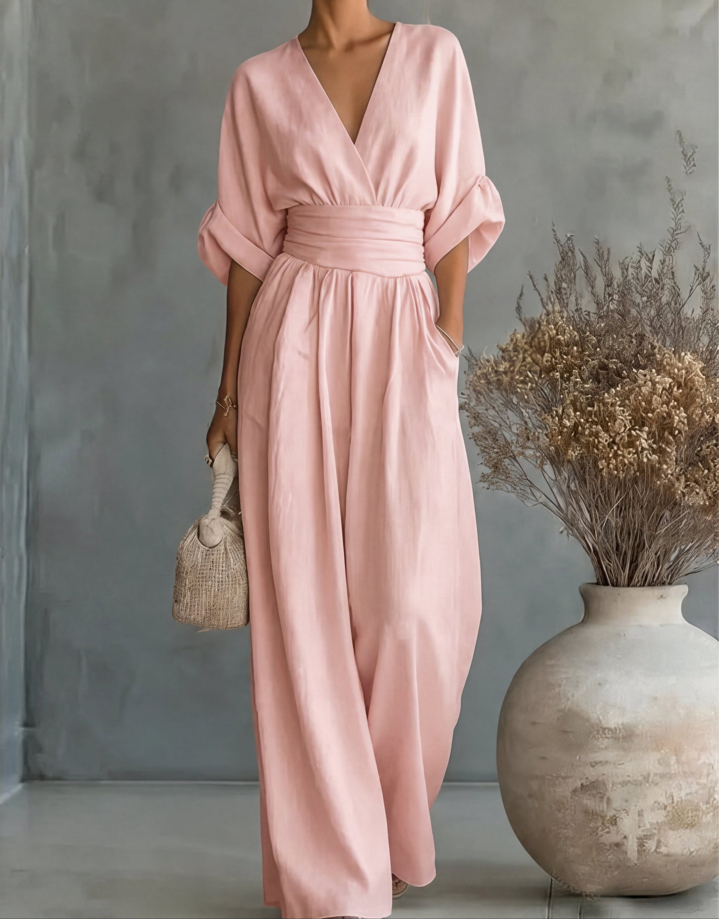 Women's Summer V-Neck Wide-Leg Jumpsuit | with Pockets