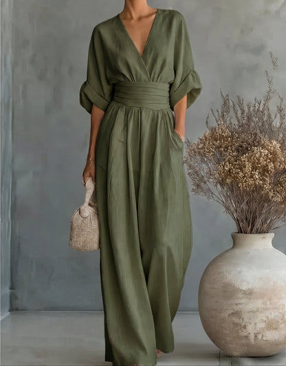 Women's Summer V-Neck Wide-Leg Jumpsuit | with Pockets