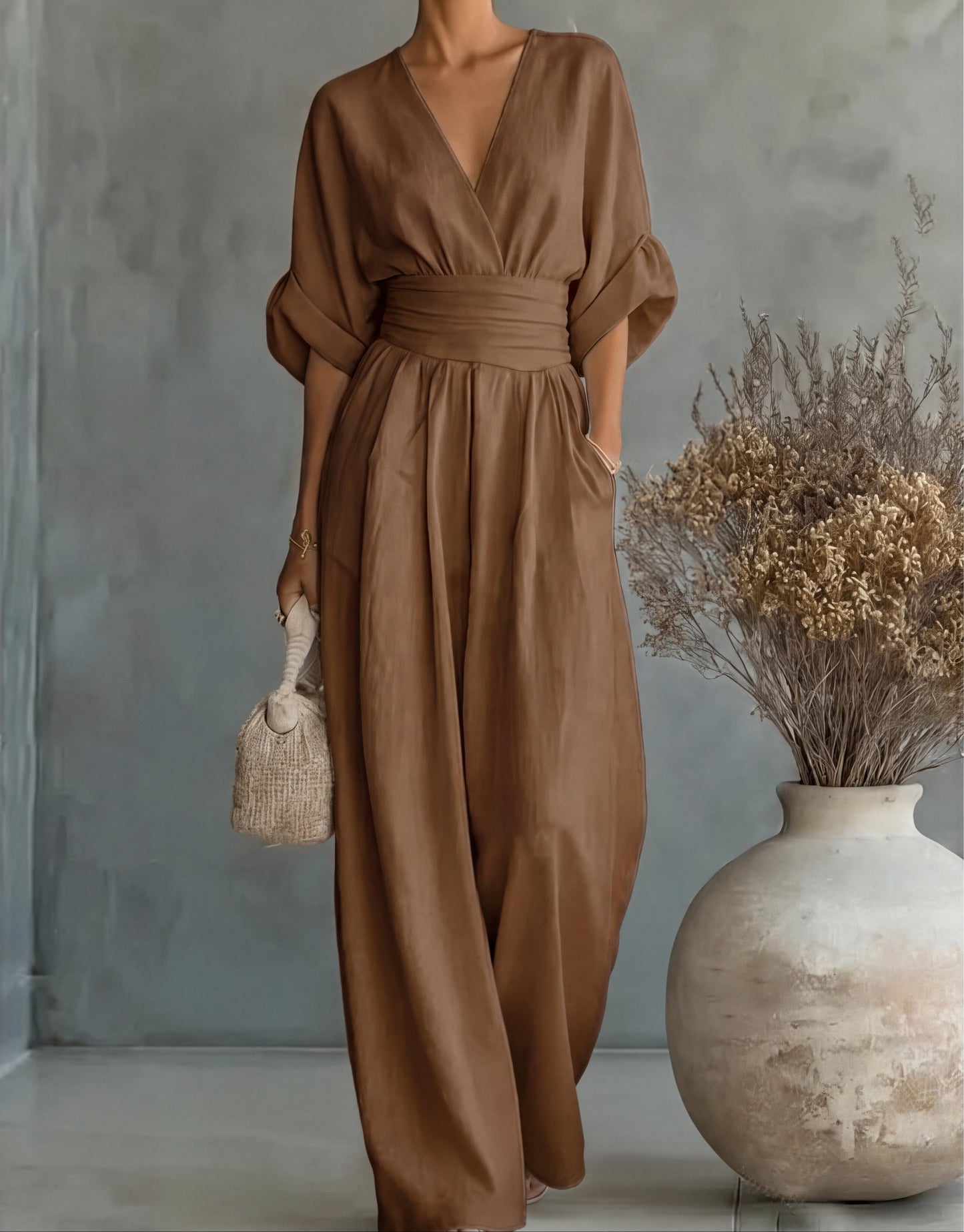 Women's Summer V-Neck Wide-Leg Jumpsuit | with Pockets