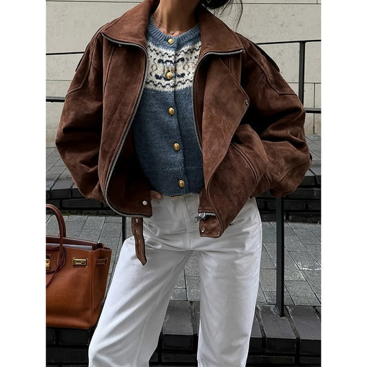 Veste motarde en simili-daim marron pour femme - Daniela