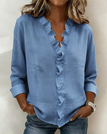 Women's Ruffle V-Neck Casual Summer Blouse | Long Sleeve