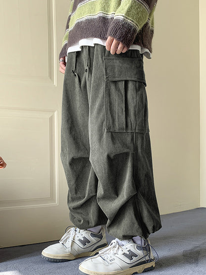 Green Vintage Men's Corduroy Big Pocket Bound Feet Drawstring Cargo Pants
