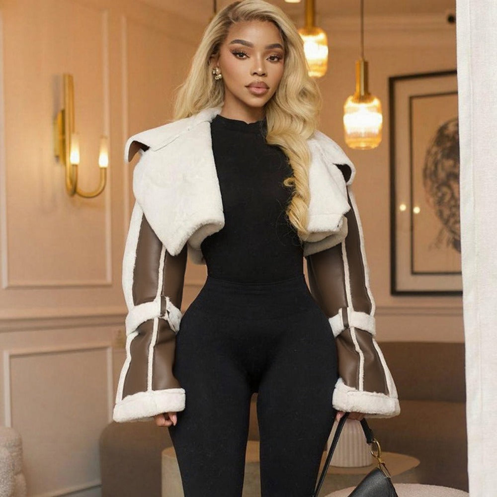 Veste courte en fausse peau lainée pour femme - Natalia