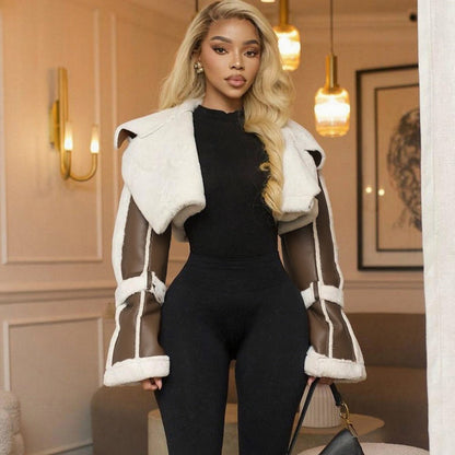 Veste courte en fausse peau lainée pour femme - Natalia