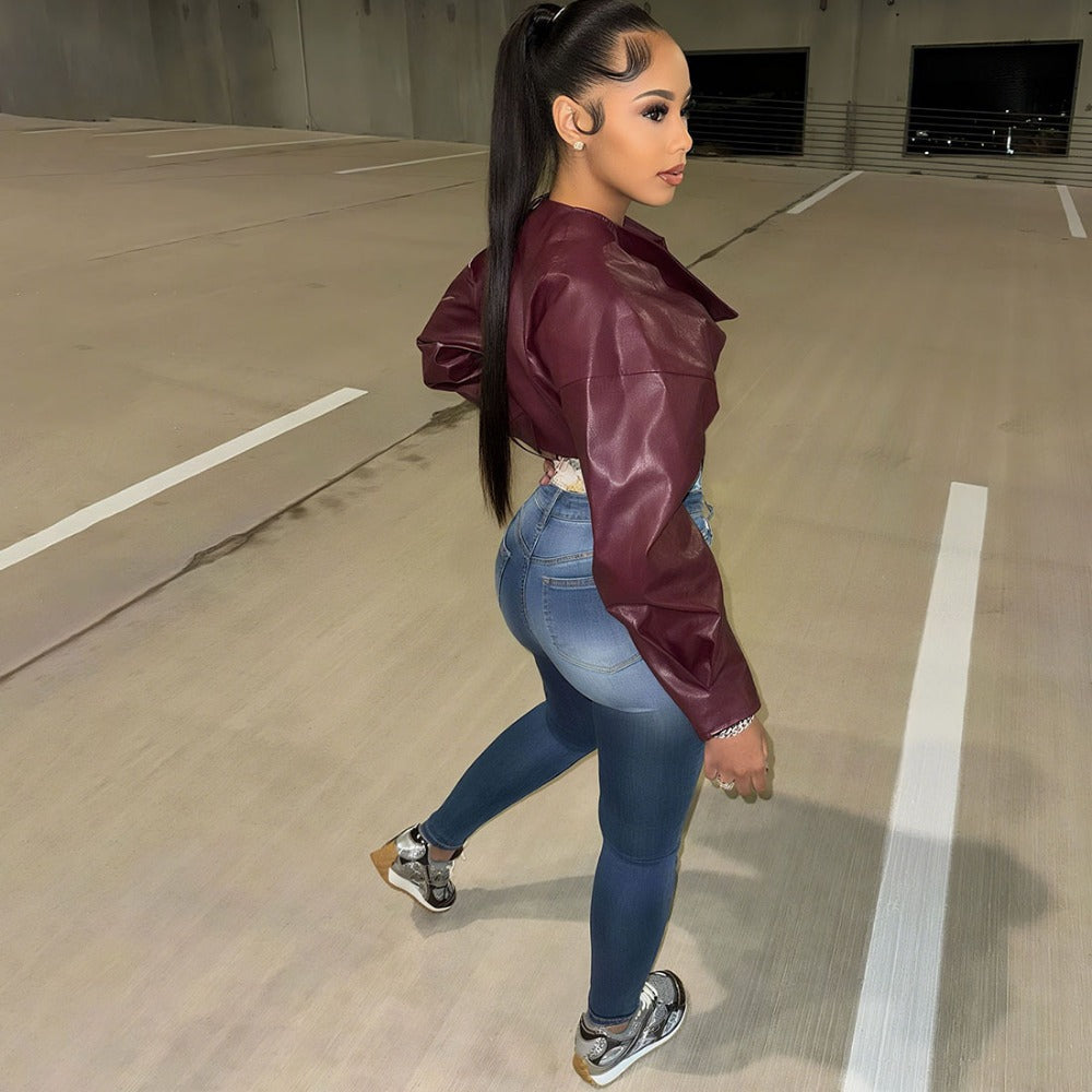 Veste courte en similicuir bordeaux pour femme - Romina 